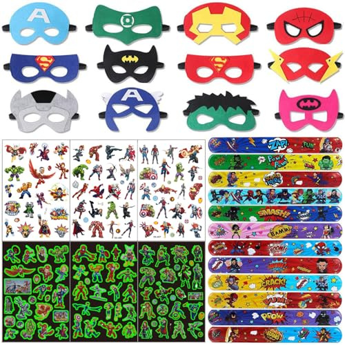 JSAN Supereroe, pensierino per feste di compleanno con maschere, braccialetti a scatto e tatuaggi luminosi