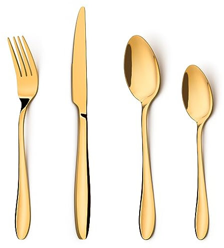 HaWare Gold Cutlery Set, 24 Piece Stainless Steel Flatware Silverware Include Knives Forks Spoons, Service for 6, Mirror Finish, Dishwasher Safe