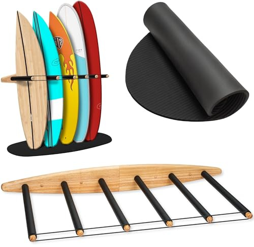 Hang 11 Vertikales Surfbrett Rack - Surf Racks für Wand, Nachhaltiger Hartholz Surfbrett Halter mit Gummimatte, Surfbrett Wandhalterung, Paddelboard & SUP Garage Aufbewahrung (6 Arme / 5-6 Boards)