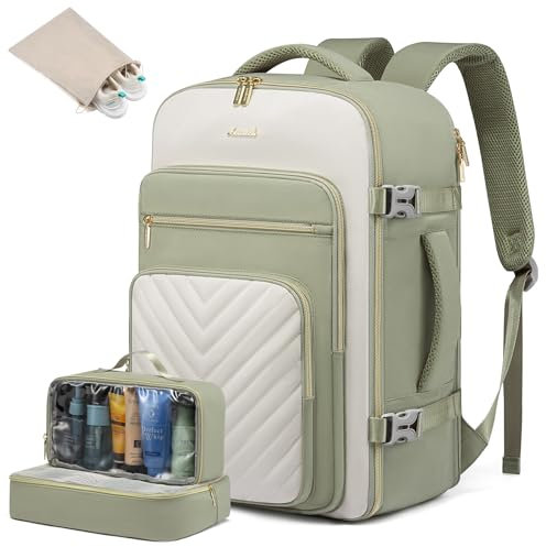 LOVEVOOK Reiserucksack Handgepäck Flugzeug, 40L Rucksack Damen Groß, Wasserdicht Laptop Rucksack 17 Zoll mit Laptopfach, Easyjet Handgepäck 45x36x20 Cabin Bag für Reise Arbeit Wandern, Olivgrün Beige