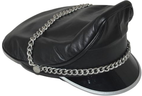 awanstar AW-0056 Echt Leder Mütze schwarz Herren Schirmmütze Military Hut Männer Ledermütze Armee Hut Halloween Bikermütze,Herren mit Kette