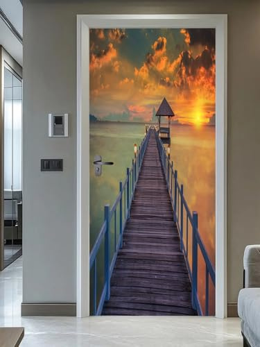 FLFK Türtapete Selbstklebend TürPoster 85x215cm-Meer Sonnenuntergang Seebrücke Türaufkleber Abziehen und Aufkleben Mauer Aufkleber Zuhause Dekor(2 Stk/Set)