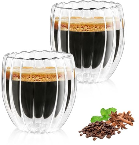 KAMEUN Tazas de Café de Cristal, 2 * 250Ml Vasos de Doble Pared con Asa,Tazas de Vidrio Borosilicato para Té, Café con Leche, Capuchino, Espresso, Jugo, Agua