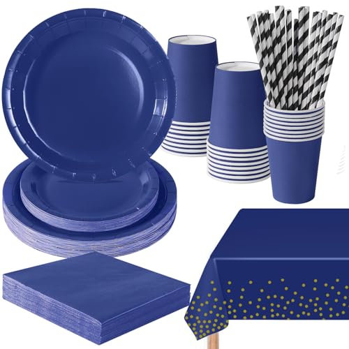 PYAILI Stoviglie per Feste 121 Pezzi Blu Scuro Festa della Addobbi Ragazza di Compleanno dei Dambini Articoli per Feste Set Include Piatto Carta Party Tazze Tovaglioli -24 Ospiti