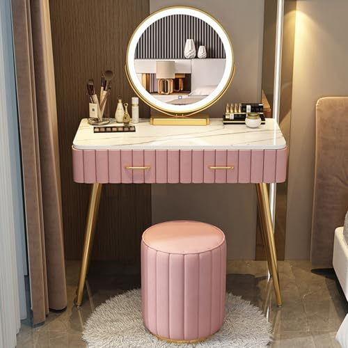 SFJATTA Set di sgabelli da Tavolo per Trucco Moderno Tavolini da Toilette per Camera da Letto per Donne e Ragazze Moderno Postazione Trucco con Sgabello Imbottiti e Cassetti(Light pink,80cm/31.5in)