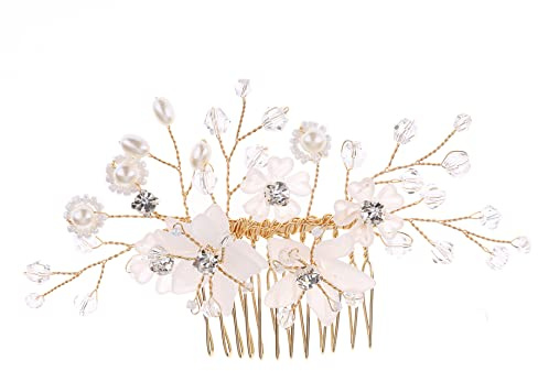 Nvzi Braut-Haarnadeln mit Blume, Kristall-Perlen, Haarkämme, Haarkamm-Clips, Kopfschmuck, goldfarben, Hochzeits-Haarschmuck, Schmuck mit Strass für Bräute, Brautjungfern, Damen, Mädchen (Gold) A39