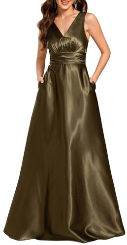 Ever-Pretty Satin Brautjungfernkleid Lang V-Ausschnitt Elegantes Abendkleid für Hochzeit Ärmelloses Ballkleider Olivgrün 40
