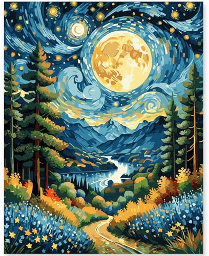 EFOTIML Kit de peinture par chiffres pour adultes débutants et enfants, 1 paquet de 16 x 20 pouces Canva pour kits de peinture en boîte colorée (sans cadre) - montagnes rivières et étoiles