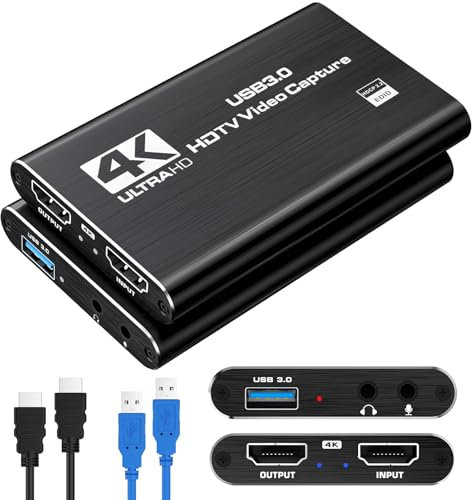 Amtake Carte de capture vidéo 4K, carte de capture USB 3.0 prend en charge la sortie en boucle HDMI 4K et l'enregistrement vidéo en streaming 1080P 60 FPS compatible avec Xbox/PS4/Switch/caméra/PC/OBS