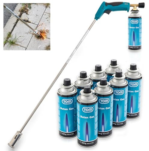 TOM Gas Unkrautbrenner Set + 8 x 400 ml Universal Gasflasche mit Schraubgewinde – Abflämmgerät ideal zur Unkrautvernichtung auf Pflastersteinen, Gehwege, Pflasterfugen