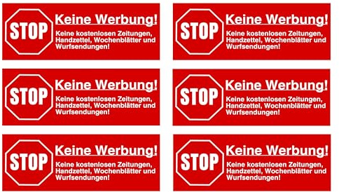 6x STOP Keine Werbung und kostenlose Zeitungen UV-geschützte Aufkleber mit starke Sticker Folie in 8cm x 3cm für Briefkasten (rot)