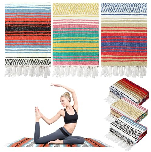 OJMHD Lot de 3 grandes couvertures de yoga mexicaines pour femme, 115 x 180 cm, authentiques, à rayures, avec franges, pour extérieur, camping, plage, pique-nique, décoration d'intérieur