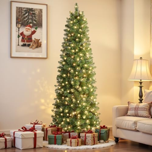 SHareconn 6ft Slim Pencil Christmas Tree, With 545 Branches Tips, 200 Warm White and Foldable Metal Stand, Christmas Decorations for Home, Green