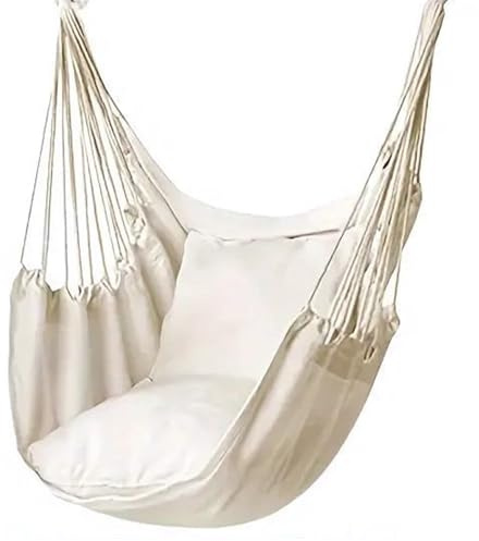 SSLEMMTH Altalena per Sedia Amaca in Tela per Interni, Altalena in Corda Appesa A Strisce Colorate, Tessuto Misto Cotone - Altalena Sensoriale per Soggiorno, Camera da Letto,Bianca,with Cushion