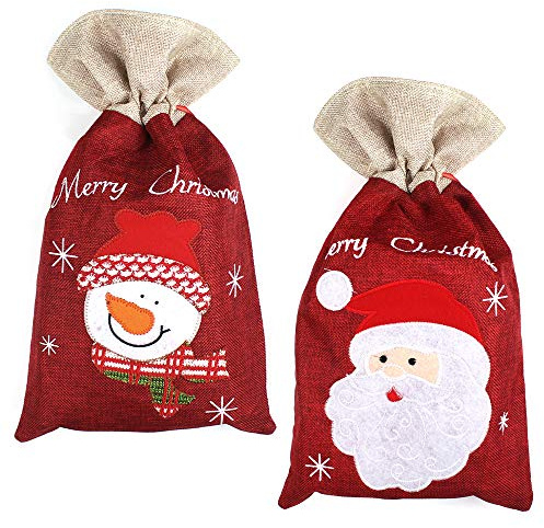 2 Stück Weihnachten Geschenkbeutel Nikolaussack Jutebeutel Weihnachts Geschenktüten Geschenkverpackung zum befüllen Baumwolle Säckchen für Süßigkeits Geschenke Dekorationen (Schneemann Weihnachtsmann)
