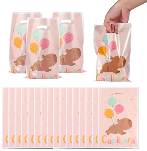 Ovanda 20 Stück Capybara Geschenktüten, Doppelseitige Partytüten mit Süßem Capybara Muster und Griffen, Kindergeburtstag Candy Tüten Capybara Geburtstage Deko Capybara Geschenktüte
