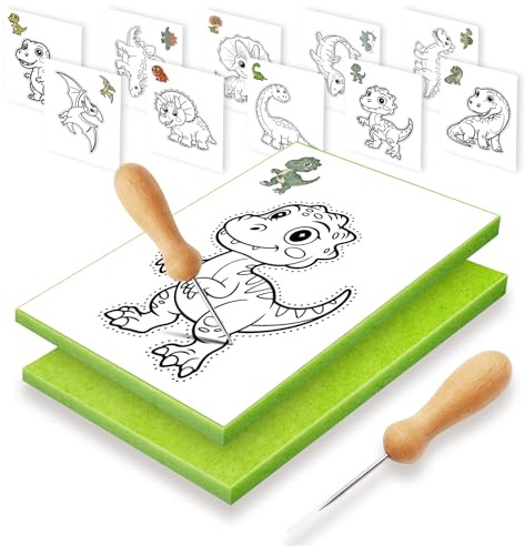 Fettwal Children's pricking needle set, embroidery pictures, embroidery for children from 3, with 2 pricking needles, 2 pricking felt, 10 embroidery pictures, use under parental supervision (Dinosaur