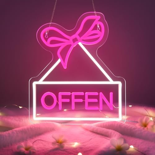 Flixyticy Rosa OFFEN mit Schleife Neonschild Pink Open LED Neonlicht | Perfekte für Boutique ,Parfümerie, Nagelstudio,Buchhandlung,Beauty Salon