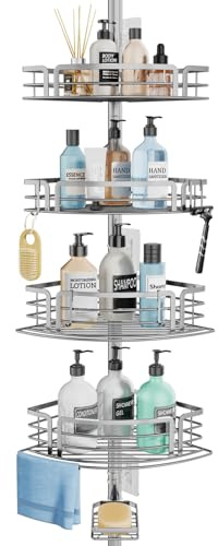 SWTYMIKI Duschablage ohne Bohren Ecke - Teleskop Duschregal Ecke, 70-267cm | Höhenverstellbar Duscheckregal Teleskop, Rostfrei Teleskop Badregal Shampoo Halterung für Dusche mit 4 Körben, Edelstahl