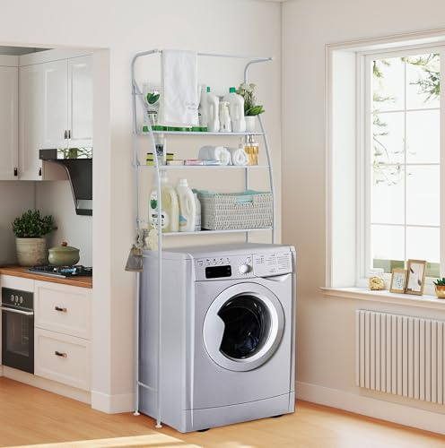 FLOWCASA Waschmaschinenregal, Toilettenregal aus Metall - 3-stufiges Badregal mit Handtuchstange, Überbau für Waschmaschine & WC, Stabiler Badezimmer-Organizer, Raumsparend & vielseitig, Weiß