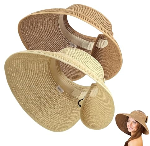 Rainway - Sombrero de paja de papel, 2 piezas, sombrero de sol para mujer, elegante, sombrero de paja con borde ancho y cubrerostro, enrollable, hebilla y cierre de velcro, beige + café, gorra
