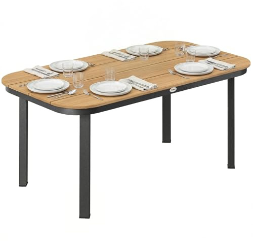 Outsunny Gartentisch, Esstisch für 6 Personen, Terrassentisch, Balkontisch mit Metallrahmen, WPC Lamellentischplatte, Braun, 155 x 88 x 72 cm
