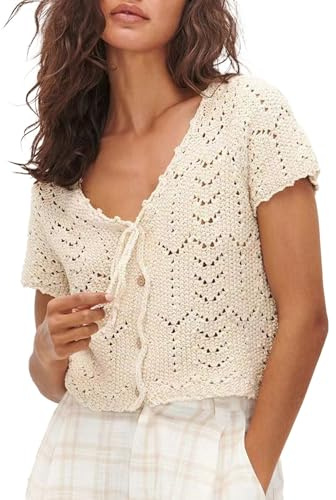 Camisetas de ganchillo para mujer, chaleco de punto calado con lazo frontal, camisetas con lazo delantero, suéter de manga corta, top corto, chaleco, ropa de playa de verano, beige, L