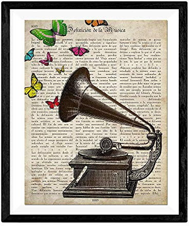 Nacnic Vintage Grammophon mit Schmetterlinge Poster. Vintage Stil Wanddekoration Abbildung von Musik und Insekten mit Bucherseite Hintergrund. Verschiedene kreative Bilder ohne Rahmen. Größe 24x30cm.