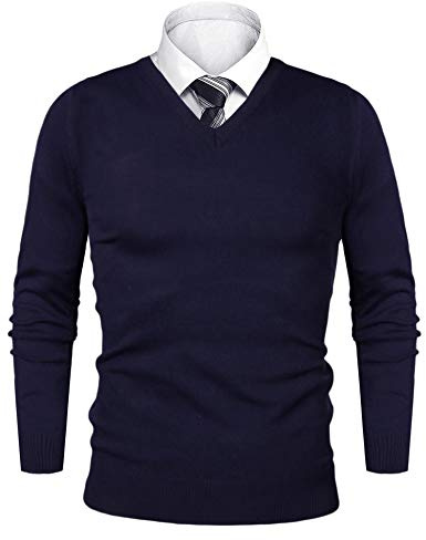 iClosam Pull Homme col V Cardin Hommes Pull en Maille Pull en Coton Classiques, Bleu, XL