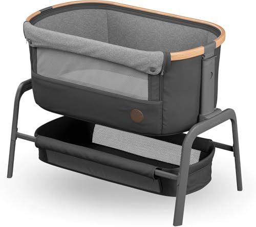 Maxi-Cosi Iora Co-Sleeper Crib, Foldable Baby Bedside Crib, 0–6 Months, max 9 kg, 4 Incline & 5 Height Positions, Easy Slide, Comfortable Mattress, Large Basket, Easy to Carry, Essential Graphite