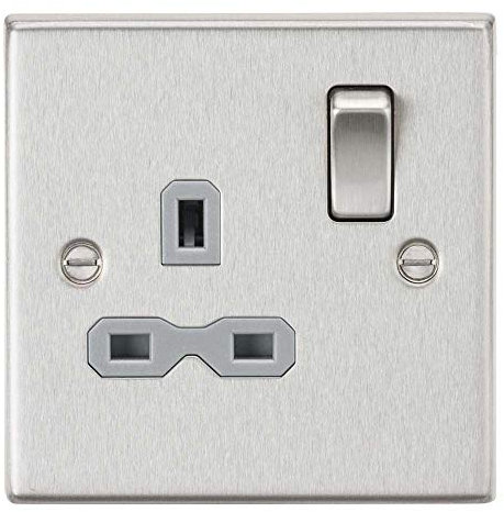 Knightsbridge CS7BCG 13A 1G DP Switched Socket with Grey Insert - Square Edge Brushed Chrome, 10.5 mm*89.0 mm*89.0 mm