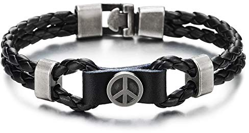 COOLSTEELANDBEYOND Herren Damen Zweireihige Schwarz Geflochtene Leder Armband mit Grau Anti-Kriegs-Zeichen Kreis Bettelarmband mit Charme