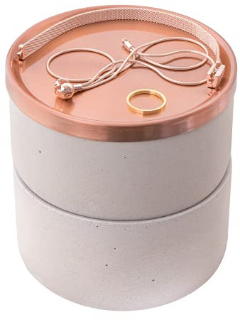 Sasha Morel Boîte à bijoux ronde en béton avec couvercle en métal cuivré pour petits accessoires, boucles d'oreilles, colliers, bagues (double)