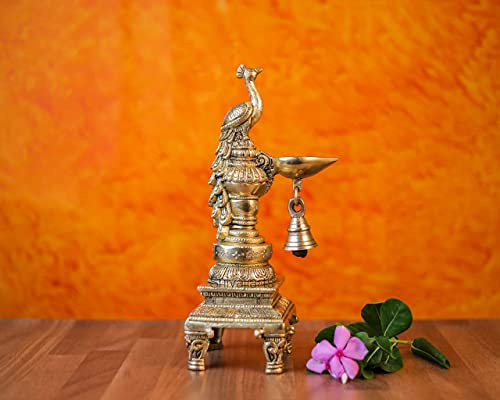 SHIVAJI ARTS Messing Diya 27cm Pfau Design Messing Öllampenständer mit Glocke Traditionelle indische Öllampen Messing Deko Diya Home Temple Decor