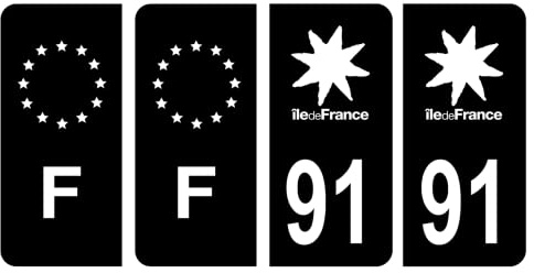 HADEXIA Nummernschild-Aufkleber, französisches Departement 91, Essonne Region Ile-de-France, Schwarz und F, Frankreich, 4 Stück