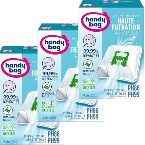 Handy Bag -LOT DE 3 -Sacs aspirateur PH86/PH96 x4sacs -Compatibles Philips, Electrolux, AEG, Tornado -99,99% des poussières retenues -Fermeture facile -Filtre anti-allergène -60% de matériaux recyclés