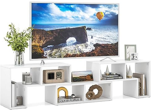 COSTWAY Fernsehschrank Holz 3-teilig, Frei Kombinierbar, Fernsehtisch für TVs bis zu 65, Eckregal Ausziehbar, TV Lowboard TV Schrank, Multifunktionaler Bücherregal, Aufbewahrungsregal (Weiß)