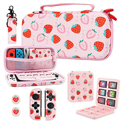RHOTALL Transporttasche für Nintendo Switch und OLED, hartschalenbesetzte, tragbare Reisetasche mit Spieletasche, 2 Joy-Con-Hüllen, Schultergurt und Daumenkappen, rosa Erdbeere