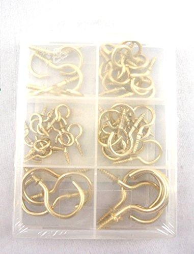 Astral Agencies Assorted Brass Coated Cup Hooks in - Ceiling Reused Hanging Hooks Assortment - Rust and Corrosion Resistant Long Thread Screw Hook - Pack of 66 pc