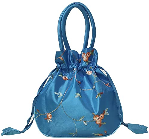 SINSEN Small Drawstring Pouch Gift Bag for Present, Satin Embroidered Potli Bag Clutches Handbag, Brocade Ethnic Jewellery Coin Purses for New Year Birthday Wedding Party Valentine (Blue02)