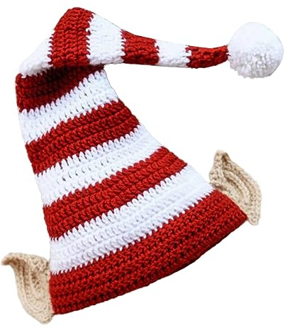Yoisdtxc Elfenmütze mit Ohren, niedlicher rot-weiß gestreifter Mütze, Strickmütze, Weihnachten, Halloween, Mütze für Erwachsene und Kinder (Rot, Erwachsene)