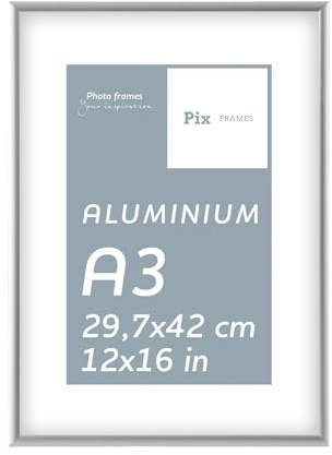 Pix FRAMES Bilderrahmen 29,7x42 (A3) aus Aluminium mit Acrylglas | Fotorahmen Metall – Silber – Vertikal & Horizontal Aufhängbar