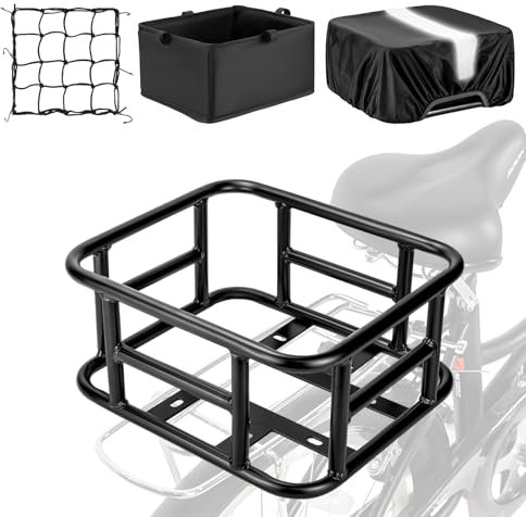 Dirza Bike Basket Rear with Liner,Waterproof Cover,Cargo Net Large Rear Bike Basket,Heavy Duty Bicycle Rear Basket for Electric Bike, Ebike,Great for Bike Trip,Carrying Grocery,Ball,Dog