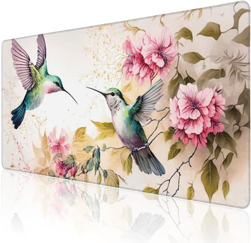 Schreibtischunterlage, rosa Blumen und Colibri-Vögel, erweitertes großes Gaming-Mauspad für den Schreibtisch, XXL, rutschfeste Gummiunterseite, genähte Kanten, lange Computer-Tastatur,