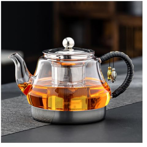 Induction Cooker Special Teapot With Cool Handle, Heat Resistant Borosilicate Glass Teapot With Stainless Steel Inner Filter, Tea Kettle Stovetop Glass Flower - 800ml