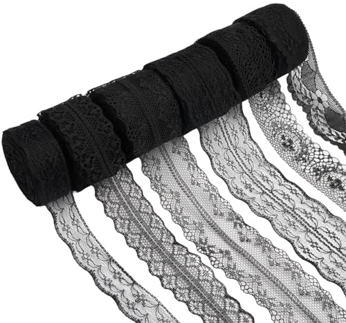 6 rullar spetsband svart, 2,2/2,8/4/4,5 cm svart spets, 60 m spetstyg, spetskant, sömnad, hantverk, bröllop, dekoration, scrapbooking, presentförpackning | Dekorativt spetsband för bröllop Scrapbooking Fecoration DIY