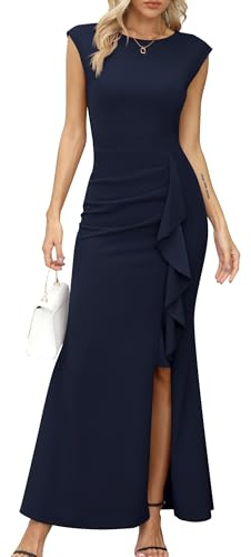 Missufe Abito lungo da festa per donna, abito da sera a sirena aderente, con volant, spacco, maniche ad ala, per matrimoni ed eventi formali, Blu navy, L