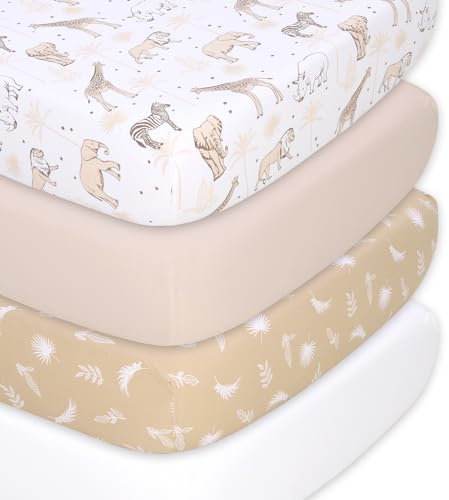 The Peanutshell Bio-Bettlaken für Jungen oder Mädchen, atmungsaktiv, superweich, 100% Jersey-Baumwolle, Safari-Kinderzimmer-Dekor, geschlechtsneutrale Baby-Bettwäsche, 4-teiliges Set für 28 x 52 cm