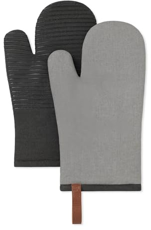 Folkulture Oven Gloves, Oven Mitts with Hanging Loop - Set of 2 (30x14) | Cute, Black & Grey, 100% Cotton, Silicone, Heat Resistant, Cooking Gifts for Women, BBQ, Baking, Kitchen Décor