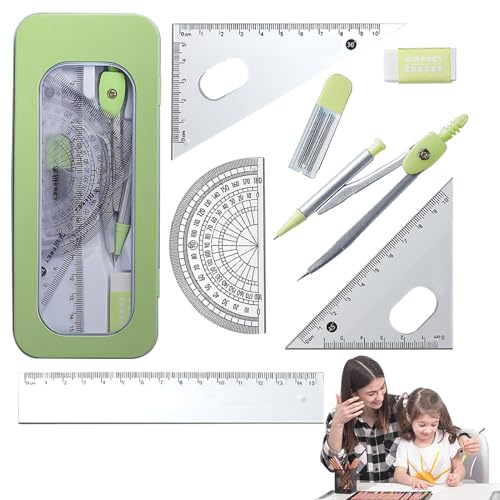 Set bussola goniometro righello, set bussola e goniometro,Set di kit geometrici con scatola portaoggetti infrangibile - Forniture per studenti Kit bussola da disegno e goniometro per studenti e ingegn